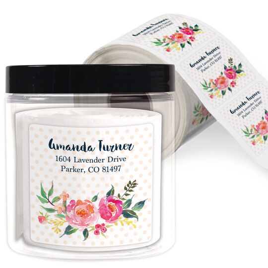 Watercolor Rose Spray Square Address Labels in a Jar